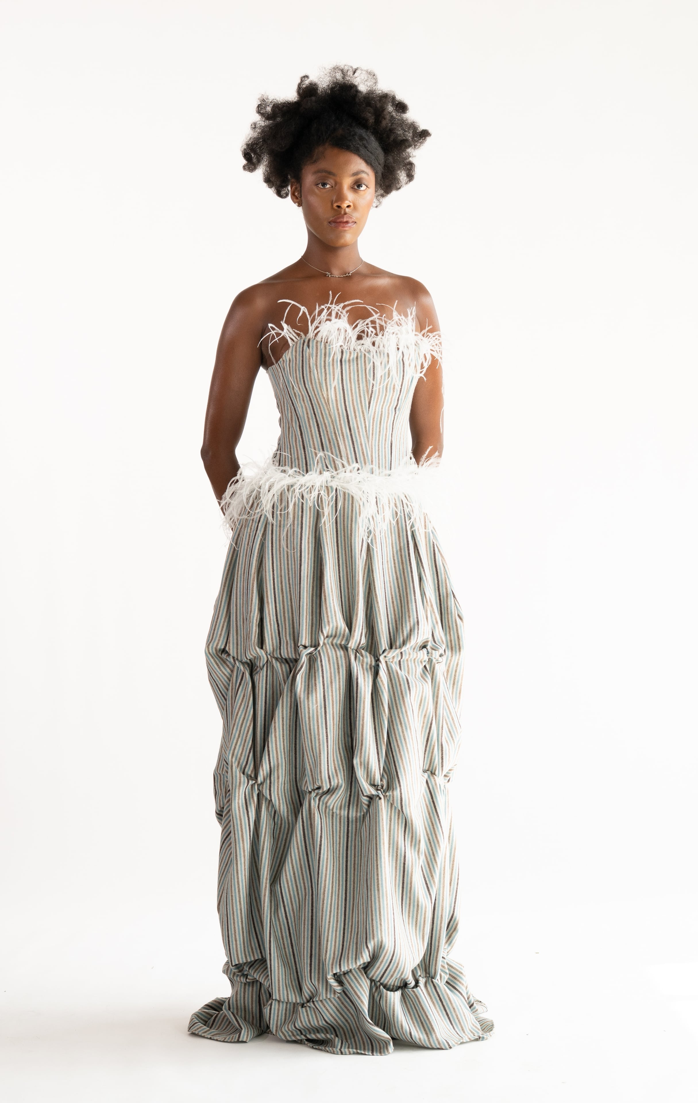 Striped Cashmere Feathered Gown