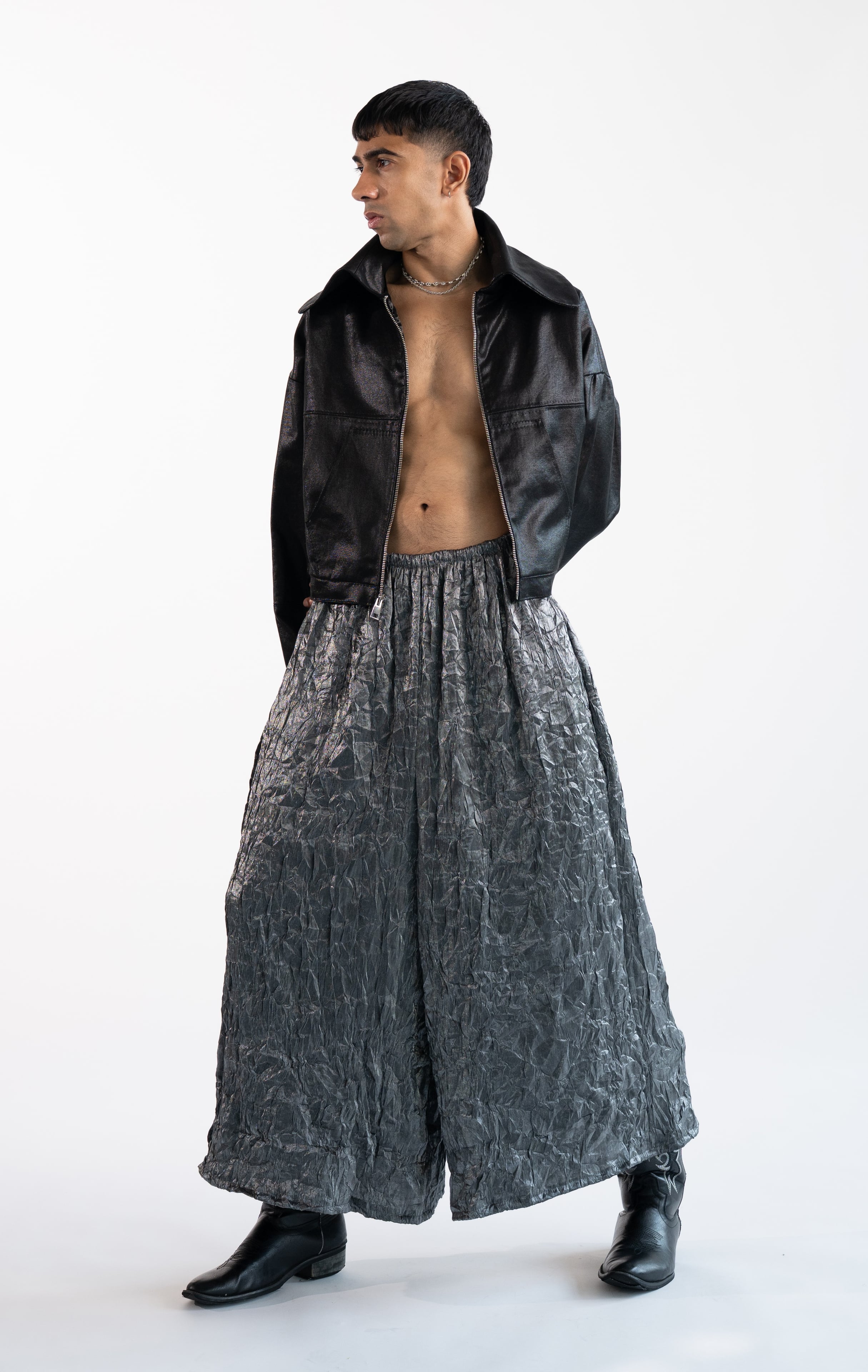 Crinkled Drop-Crotch Trousers