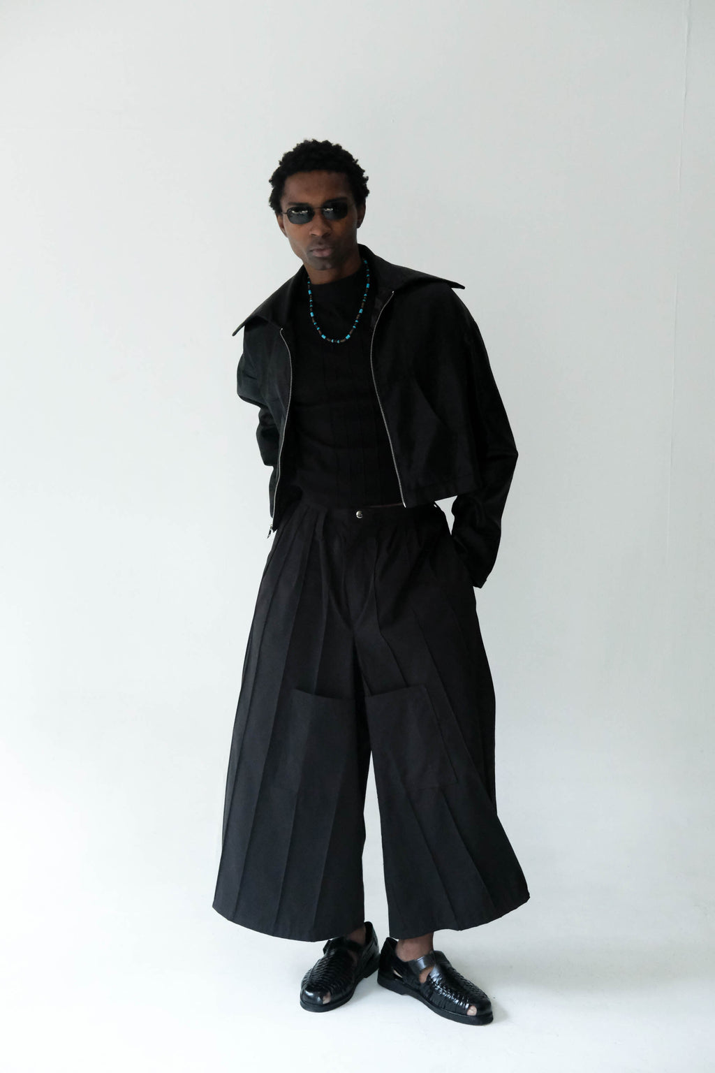 Black Pin-Tuck Hakama Pleated Trousers